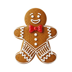 Festive gingerbread man cookie with red bow tie and icing decorations