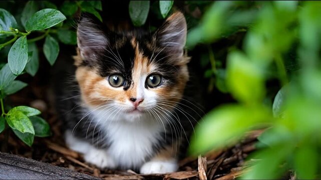 Cute kitten resting amidst lush green foliage and natural environment