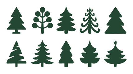 Obraz premium Collection of stylized green christmas trees festive holiday icons for seasonal design and decoration