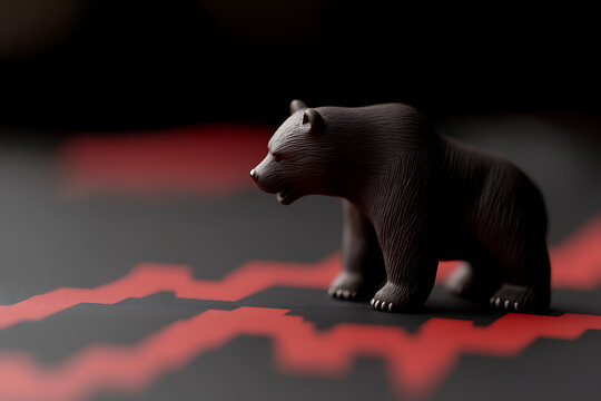 A symbolic representation of a market downturn, featuring a bear figure placed atop a descending graph. The image evokes financial risk and volatility.