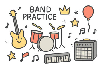 Obraz premium Band Practice Icons. Band practice doodle icon set: hand drawn icons of drums, guitar with smile, crown, star, balloon, notes,