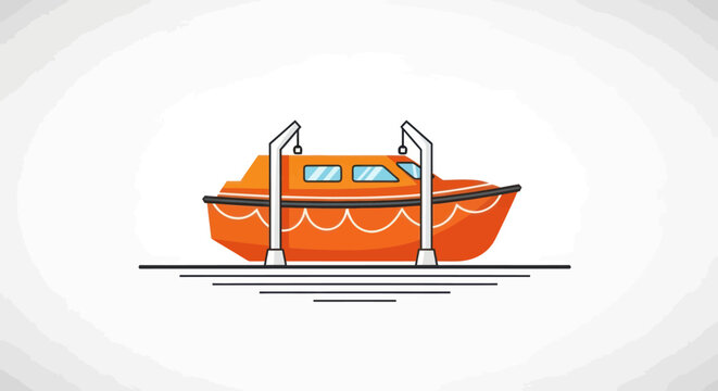 Bright orange enclosed lifeboat suspended on davits a flat vector illustration.