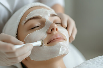 Woman receiving a facial mask treatment. Relaxation and skincare concept. Spa procedures for healthy skin. Beauty and wellness routine.