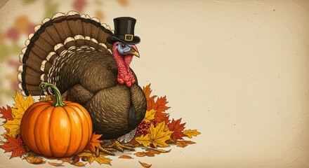 Happy Thanksgiving Banner With Turkey And Pumpkins and Autumn Leaves 