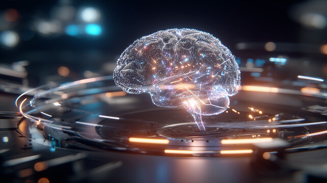 Holographic Brain in a Tech Ring Representing AI Processing, Intelligent Automation and Centralized Insight.
