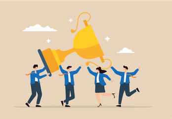 Flat illustration of business team celebrates and carries big winner trophy symbolizing teamwork and achievement