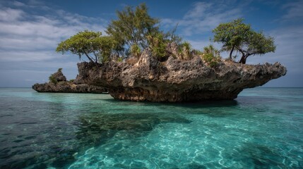Island with trees on ocean with clear water under blue sky