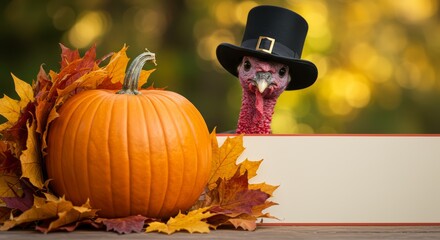 Happy Thanksgiving Banner With Turkey And Pumpkins and Autumn Leaves 