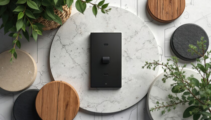 Flat lay of interior design moodboard with material samples like wood stone textile concrete. Black switch on blueprint background for architectural planning and home decor inspiration.