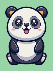 Obraz premium Adorable cartoon panda sitting with big sparkling eyes and happy smile on green background vector illustration