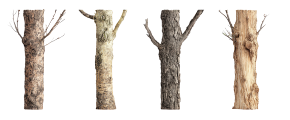 Four stylized tree trunks, various shades of grey and brown, with branches