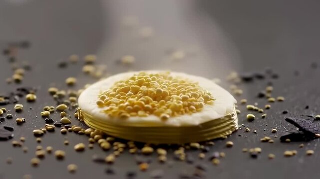 Elegant Stacked Pancakes with Golden Bee Pollen and Subtle Smoke.