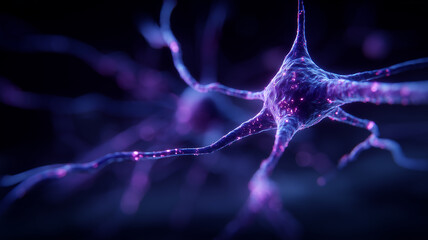 Single neuron in focus with branching projections representing synaptic exchange and the concept of communication within biological networks and intelligence.
