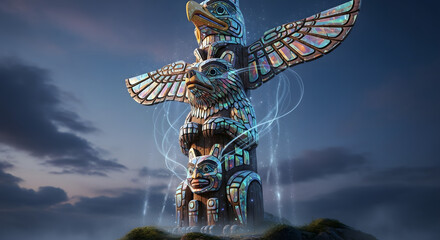 Ornate wooden pole displays carved animal figures and shimmering lights.