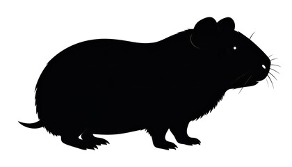 Obraz premium A solid black silhouette of a small rodent, likely a guinea pig. Its body is round, with small ears, and a visible tail. The animal is facing right