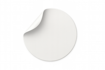 White round sticker peeling corner, blank circle paper label mockup, empty adhesive badge with curl, transparent background
