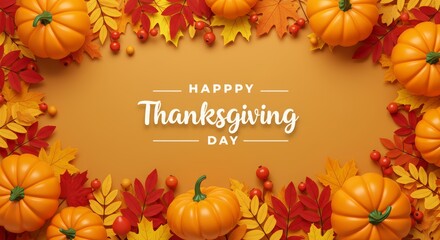 Top View Of Happy thanksgiving day text minimal background with dry fall leaves with copy space 
