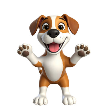Happy cartoon dog waves with paws raised and mouth open.