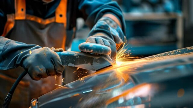 auto repairman grinding autobody bonnet