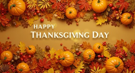 Top View Of Happy thanksgiving day text minimal background with dry fall leaves with copy space 