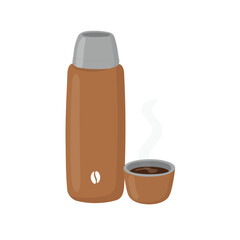 Brown thermos flask with gray cap and hot drink in matching cup steam rising from dark liquid