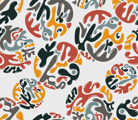 Seamless pattern liquid abstract organic blob shapes round background. Colored wavy elements bubbles and drops in trendy y2k style. Design childish colorful vector. Poster banner, card template design