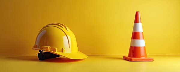 Yellow hard hat and safety cone against bright yellow backdrop. Construction site equipment for protection. Industrial safety and workplace protection. Professional manual labor concept.
