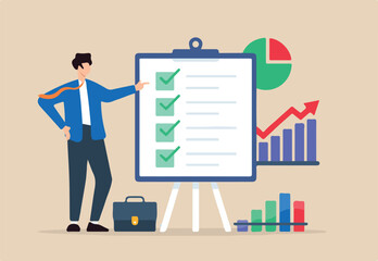 Flat illustration of male investor analyze business checklist on presentation board with checkmark graph and pie chart