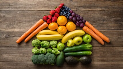 Fresh fruits and vegetables arranged in house shape on wooden surface