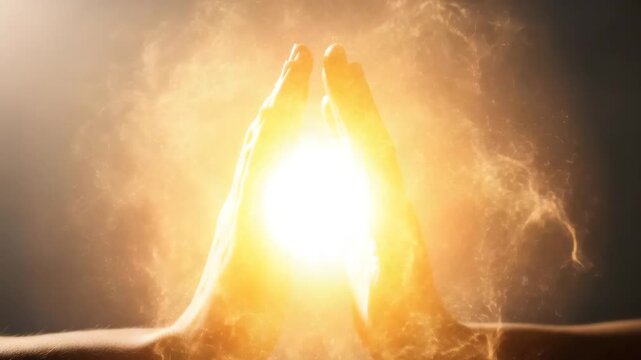 Two hands touching with glowing light and warm energy between palms symbolizing connection and healing