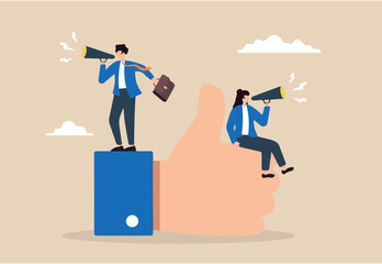 Flat illustration of business people announce with megaphone on thumbs up representing positive recommendations reviews and feedback