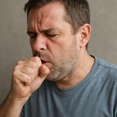 Naklejka premium Man coughing while feeling unwell in casual indoor setting 