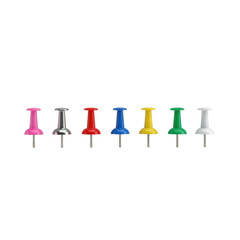 Assortment of colorful push pins lined up in a row against a clean white backdrop