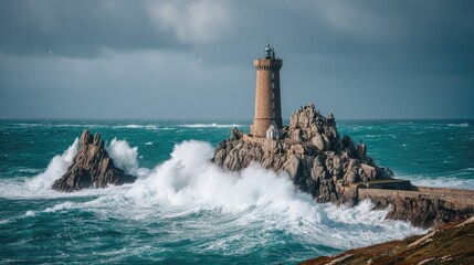 Lighthouse on rocky island against stormy ocean and cloudy sky