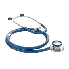 Close-up of a blue stethoscope with a metal chestpiece on a plain surface