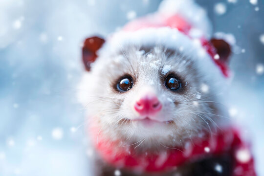 Adorable Aye Aye wearing festive Santa hat sitting in snowy yard