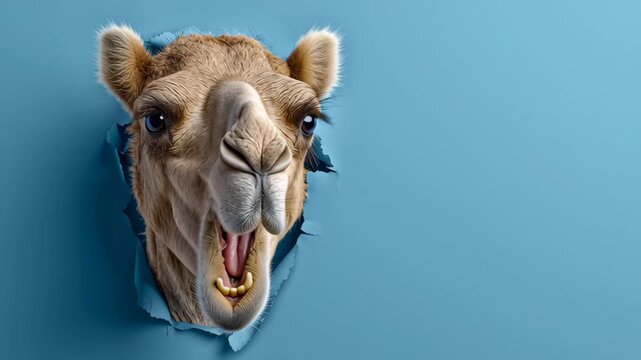 Camel's expressive face emerges through a torn blue wall, showcasing a playful progression from curiosity to excitement, with a dynamic camera zoom enhancing the engaging scene development