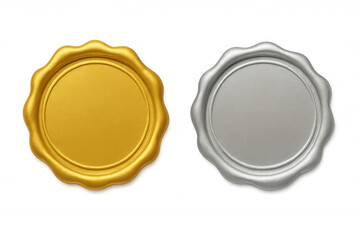 Golden and silver wax seal stamp label isolated, signifying quality, security, and certification on a transparent background