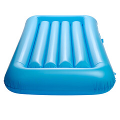 Bright blue, rectangular, inflated flotation device with ridged top, on a black background