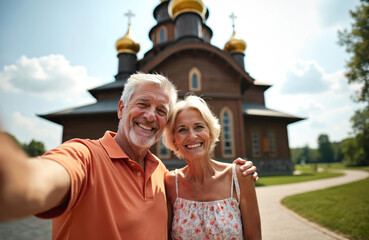Retired couple takes selfie in front of wooden Orthodox church. Senior man and woman tourists travel on romantic summer vacation. They enjoy sunny day, historic building and each other.