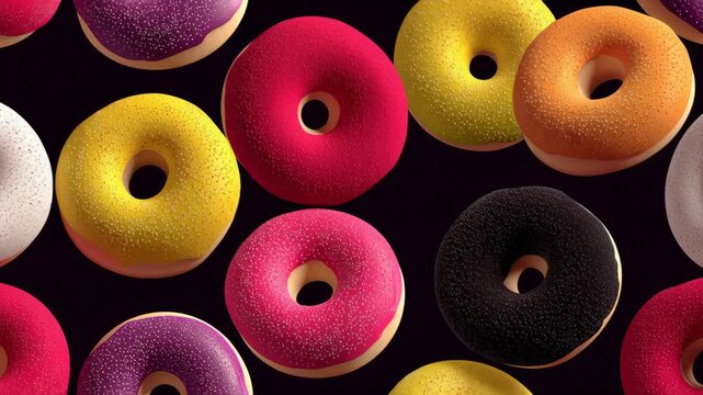 Colorful assortment of donuts with vibrant icing and sprinkles, showcasing a dynamic arrangement, camera zooms in to highlight textures and details, creating an engaging visual experience