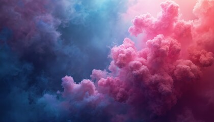 Colorful abstract illustration shows pink, blue clouds. Fantasy smoky pattern is vibrant, modern. Design suits textile prints, posters, banners. Use vibrant backdrop for web pages or social media.
