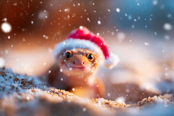 Adorable Caecilian wearing festive Santa hat sitting in snowy yard