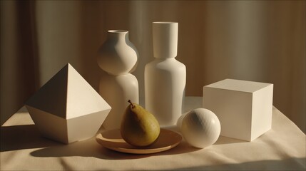 Minimalist still life arrangement of white geometric shapes and a pear © Tyrah