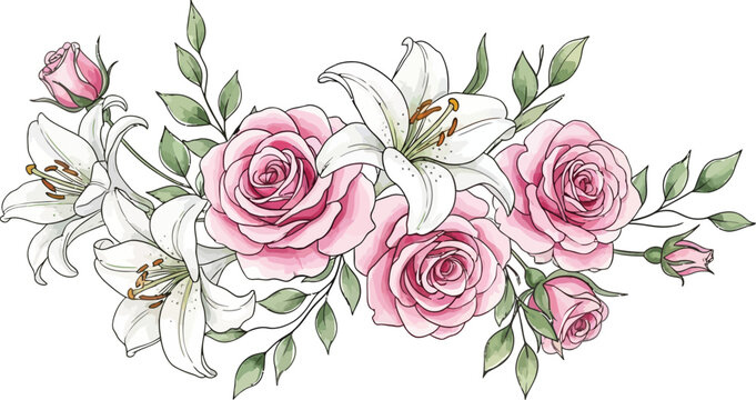 Vector art of watercolor pink rose and white lily floral arrangement