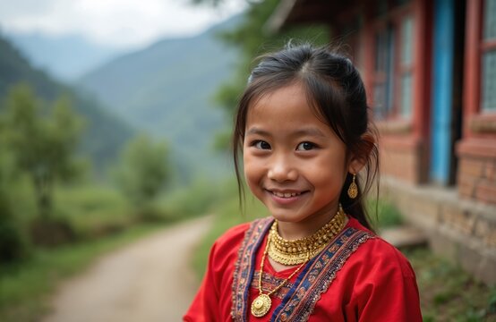 Young Gurung girl wears traditional red dress, gold jewelry, earrings. Smiles happily in Nepal mountain village. Dirt path leads past to rustic house with red trim. Green nature, high mountains form