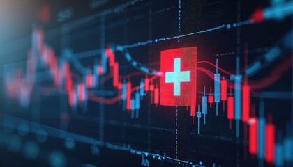 Swiss flag on financial graph screen. Red and blue stock market chart with Swiss cross symbol. Financial data visualization with national symbol. Currency dynamics and trading info display.