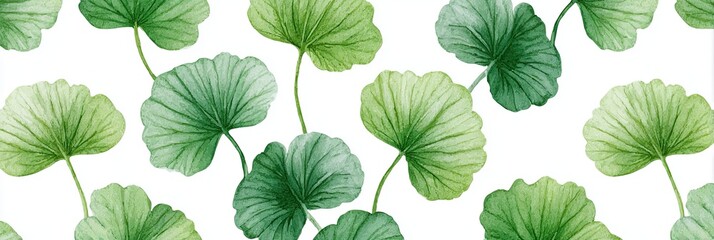 Fototapeta premium Seamless botanical pattern featuring centella leaves in various shades of green, showcasing intricate textures and natural beauty, perfect for design projects and backgrounds