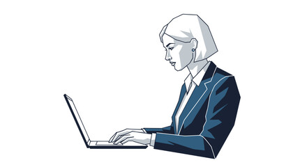 Professional woman in business suit working diligently on a laptop computer.