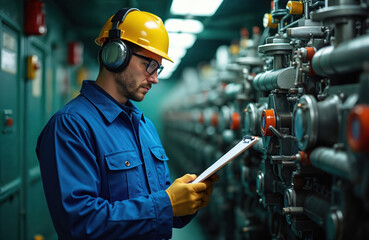 Marine engineer in blue uniform checks clipboard near large ship engine room equipment. Man wears safety helmet, ear protection, gloves. He inspects complex machinery, pipes, valves on vessel.